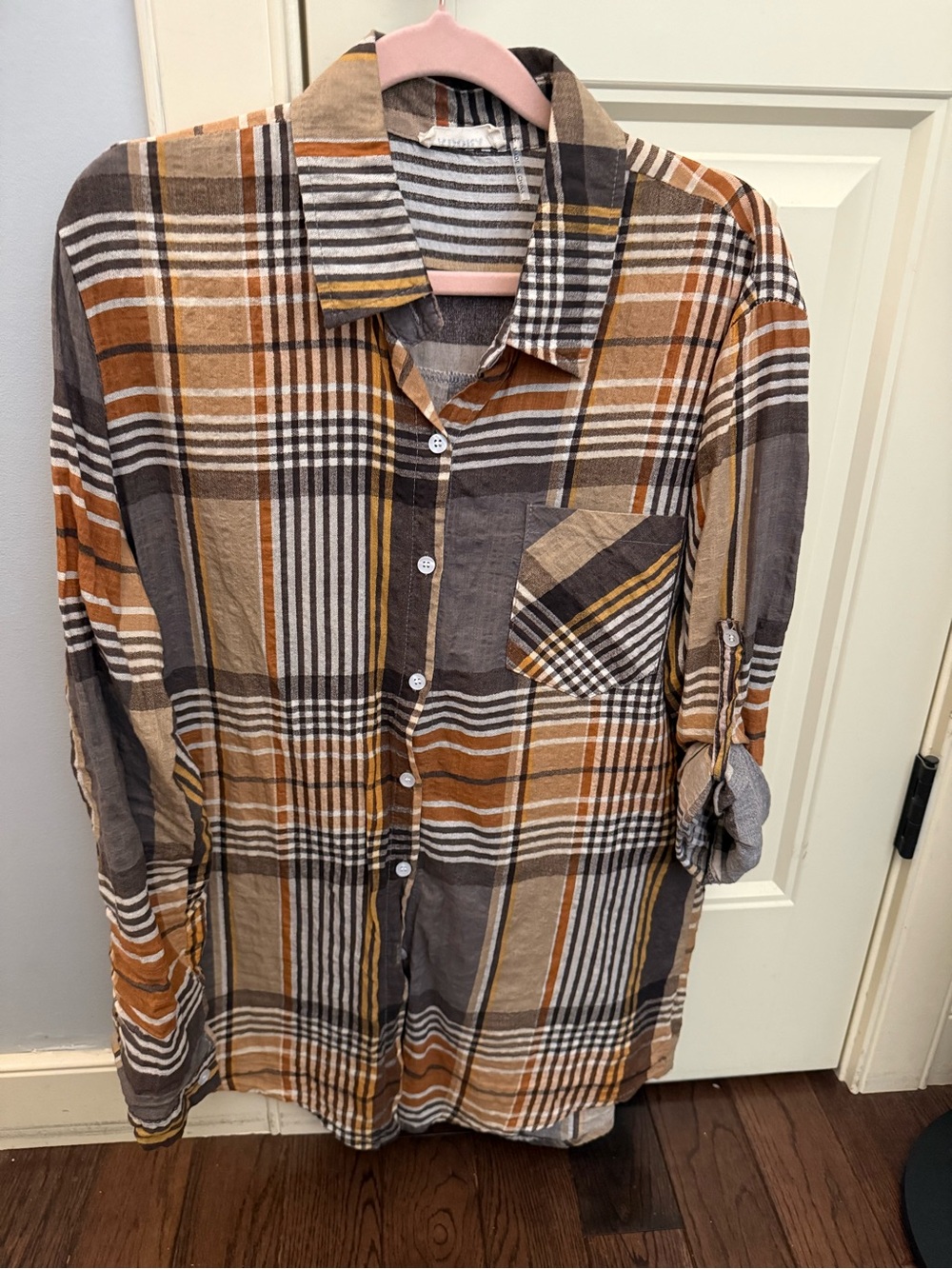 Adora Soft Plaid Button-Up Shirt in Brown/Fall tones